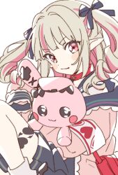 Rule 34 | 1girl, black ribbon, blush stickers, collar, drill hair, fang, hair ribbon, highres, looking at viewer, makaino ririmu, namori, nijisanji, pink eyes, pink hair, red collar, ribbon, simple background, sleeves past fingers, sleeves past wrists, smile, solo, stuffed animal, stuffed toy, twin drills, virtual youtuber, white background