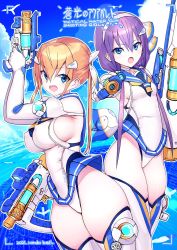 Rule 34 | 2girls, aiming, aiming at viewer, artist name, breasts, covered erect nipples, elbow gloves, english text, gloves, hair behind ear, hairband, highres, holding, holding water gun, large breasts, multiple girls, one-piece swimsuit, orange hair, original, purple hair, rondo bell, skindentation, small breasts, swimsuit, swimsuit skirt, thighhighs, twintails, water gun, white hairband, white one-piece swimsuit