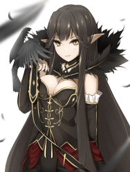 Rule 34 | 1girl, animal, animal on head, bird, bird on hand, bird on head, black cape, black dress, black feathers, black hair, black sleeves, blurry, blurry foreground, breasts, bridal gauntlets, cape, cleavage, dress, fate/apocrypha, fate (series), feathers, frilled sleeves, frills, highres, long hair, long sleeves, looking at viewer, medium breasts, on head, oriuo q, pointy ears, semiramis (fate), sleeveless, sleeveless dress, slit pupils, solo, standing, strapless, strapless dress, very long hair, yellow eyes