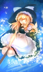 Rule 34 | 1girl, apron, black dress, blonde hair, bow, broom, broom riding, dress, hand on headwear, hat, hat bow, kirisame marisa, kozou (soumuden), long hair, open mouth, puffy sleeves, shirt, short sleeves, smile, solo, star (symbol), touhou, waist apron, witch hat, yellow eyes