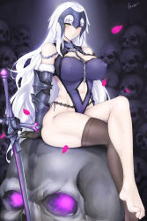Rule 34 | 1girl, abs, absurdres, bare shoulders, barefoot, between breasts, black gloves, black panties, blush, breasts, brown thighhighs, chain, closed mouth, collarbone, covered erect nipples, crossed legs, curvy, elbow gloves, falling petals, fate/grand order, fate (series), fur-trimmed gloves, fur trim, gloves, glowing, glowing eyes, half-closed eyes, headpiece, highres, impossible clothes, impossible leotard, jeanne d&#039;arc (fate), jeanne d&#039;arc alter (avenger) (fate), jeanne d&#039;arc alter (avenger) (third ascension) (fate), jeanne d&#039;arc alter (fate), large breasts, laserflip, legs, leotard, long hair, looking at viewer, mature female, muscular, panties, petals, planted, planted sword, planted weapon, purple eyes, purple leotard, shiny skin, side-tie panties, signature, single thighhigh, sitting, skindentation, skull, smile, solo, sword, taut leotard, thick thighs, thighhighs, thighs, toenails, toes, underwear, vambraces, very long hair, weapon, white hair, yellow eyes