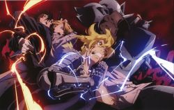 Rule 34 | alphonse elric, armor, automail, black hair, blonde hair, blood, blood on face, bones (company), edward elric, electricity, energy, fire, folded ponytail, full armor, fullmetal alchemist, gloves, gun, official art, prosthesis, prosthetic arm, pyrokinesis, riza hawkeye, roy mustang, short hair, weapon, white gloves, yellow eyes