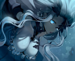 Rule 34 | 10s, 1girl, abyssal jellyfish princess, abyssal ship, air bubble, aqua eyes, breasts, bubble, cleavage, collar, commentary request, detached sleeves, dress, floating hair, frilled dress, frills, glowing, glowing eyes, grey background, kantai collection, large breasts, long hair, looking at viewer, one eye covered, open mouth, sidelocks, solo, underwater, upper body, walzrj, white hair