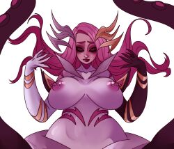 Rule 34 | 1girl, alternate costume, black sclera, breasts, closed mouth, collarbone, colored sclera, colored skin, commentary, coven (league of legends), coven nami, curvy, english commentary, furrowed brow, highres, huge breasts, hxxxperviolence, league of legends, long hair, looking at viewer, monster girl, nami (league of legends), nipple piercing, nipples, octopus, official alternate costume, official alternate hairstyle, piercing, purple hair, red eyes, scylla, simple background, solo, tentacles, white background