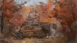 Rule 34 | autumn, autumn leaves, forest, gun, highres, holding, holding gun, holding weapon, looking ahead, mecha, military, military vehicle, motor vehicle, nature, no humans, original, robot, science fiction, tank, vehicle focus, weapon, xerbatt