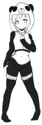 Rule 34 | 1girl, absurdres, animal hood, arm at side, bike shorts, breasts, clenched hand, cropped jacket, female focus, fir3born, full body, greyscale, hand on own thigh, hand up, highres, hood, hood up, hooded jacket, jacket, long sleeves, midriff, monochrome, navel, open mouth, original, pigeon-toed, raglan sleeves, raised eyebrow, short hair, sidelocks, simple background, sketch, small breasts, solo, standing, stomach, thighhighs, white background