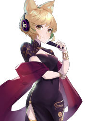 Rule 34 | 1girl, amano hagoromo, bangle, black dress, blonde hair, bracelet, china dress, chinese clothes, commentary request, dress, earmuffs, eyelashes, folded fan, folding fan, hand fan, hand up, highres, holding, holding fan, jewelry, looking at viewer, pointy hair, short hair, short sleeves, side slit, simple background, smile, solo, touhou, toyosatomimi no miko, white background, yellow eyes