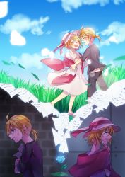 Rule 34 | 1boy, 1girl, aryuma772, black shirt, blonde hair, blue flower, blue rose, blue sky, blush, commentary, countdown, crying, crying with eyes open, day, dress, field, flower, glowing, grass, hat, highres, holding, holding paper, imagining, kagamine len, kagamine rin, open mouth, paper, pink dress, rose, shirt, short hair, short ponytail, shuujin/kami hikouki (vocaloid), sky, smile, spiked hair, tears, vocaloid