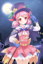 Rule 34 | arm up, brooch, cape, crescent conundrum, deeple, flower, frills, full moon, gloves, hair rings, hat, holding, jewelry, layered skirt, long hair, lowres, moon, necklace, pink hair, red hair, skirt, smile, solo, staff, standing, star (symbol), sword girls, thumbs up, tongue, tongue out, top hat