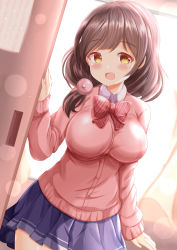 Rule 34 | 1girl, :d, blue skirt, blush, bow, breasts, brown eyes, brown hair, cardigan, character request, collared shirt, commentary request, diagonal-striped bow, hair over shoulder, hand up, highres, long hair, long sleeves, looking at viewer, medium breasts, ongeki, open mouth, pink cardigan, pleated skirt, red bow, school uniform, shirt, skirt, sleeves past wrists, smile, solo, white shirt, xenon (for achieve)