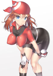 Rule 34 | 1girl, :o, absurdres, ass, bad anatomy, bandana, bent over, bike shorts, blue eyes, breasts, brown hair, covered erect nipples, creatures (company), game freak, highres, impossible clothes, leaning forward, looking at viewer, may (pokemon), medium breasts, nagase haruhito, nintendo, parted lips, plump, poke ball, poke ball (basic), pokemon, pokemon rse, puffy nipples, simple background, skin tight, solo, standing, thick thighs, thighs, white background