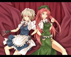 Rule 34 | 2girls, blue eyes, braid, breasts, china dress, chinese clothes, dress, female focus, hat, hong meiling, immaterial and missing power, izayoi sakuya, izumo sakuto, knife, long hair, maid, multiple girls, red eyes, red hair, short hair, silver hair, skirt, throwing knife, touhou, twin braids, weapon