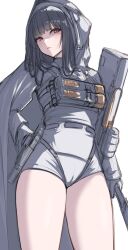 Rule 34 | 1girl, absurdres, axe, black hair, blunt bangs, blush, cameltoe, coat, cowboy shot, d (nikke), gloves, goddess of victory: nikke, gun, hatchet (axe), high-waist shorts, highres, holding, holding weapon, holster, hood, hood up, hooded coat, kurone rinka, long coat, long hair, looking at viewer, red eyes, short shorts, shorts, sidelocks, simple background, sketch, solo, submachine gun, tactical clothes, thighs, turning head, unfinished, weapon, white background