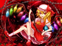 Rule 34 | 1girl, :d, ascot, blonde hair, chain, fang, flandre scarlet, flower, frilled skirt, frills, hat, hat ribbon, kamemura koryu/yukina, laevatein, mary janes, mob cap, open mouth, petals, puffy short sleeves, puffy sleeves, red eyes, red rose, ribbon, rose, shoes, short sleeves, side ponytail, skirt, smile, thorns, touhou, vest, wings