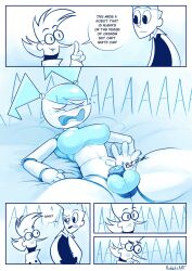Rule 34 | 1boy, 2girls, artist name, blue theme, breasts, chastity cage, closed eyes, futanari, highres, jenny wakeman, medium breasts, meme, midriff, multiple girls, my life as a teenage robot, navel, open mouth, orgasm denial, parkdale, robot, screaming, source request, speech bubble, testicles, thinking