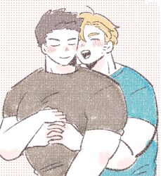 Rule 34 | 2boys, ao isami, bara, black hair, blonde hair, blush, closed eyes, colored pencil (medium), couple, facial hair, hand on another&#039;s hand, happy, heads together, highres, hug, hug from behind, large pectorals, lewis smith, male focus, multiple boys, muscular, muscular male, muted color, paya genko man, pectorals, sideburns stubble, stubble, thick eyebrows, traditional media, upper body, yaoi, yuuki bakuhatsu bang bravern