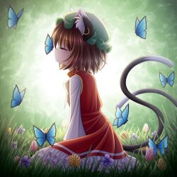 Rule 34 | 1girl, absurdres, animal ear fluff, animal ears, artist. .luna, backlighting, bloom, blue butterfly, blue flower, brown hair, bug, butterfly, cat ears, cat tail, chen, closed eyes, commentary, earrings, flower, frills, from side, gold trim, grass, green hat, hat, highres, insect, jewelry, leaf, light blush, long sleeves, mob cap, multiple tails, nekomata, outdoors, petite, petticoat, profile, puffy long sleeves, puffy sleeves, purple flower, red skirt, red vest, short hair, single earring, skirt, skirt set, solo, tail, touhou, two tails, vest, yellow flower