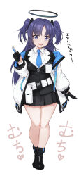 Rule 34 | 1girl, belt, black footwear, black gloves, black skirt, blue archive, blue eyes, blue hair, boots, full body, gloves, halo, highres, jacket, long hair, long sleeves, looking at viewer, necktie, ochiaki, open clothes, open jacket, open mouth, shirt, simple background, skirt, smile, solo, two side up, white background, yuuka (blue archive)