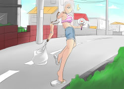 Rule 34 | 1girl, amputee, breasts, hand fan, highres, legs, prosthesis, prosthetic arm, sandals, scar, shorts, surprised, white hair