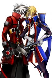 Rule 34 | 2boys, absurdres, belt, black gloves, black pants, blazblue, blonde hair, cowboy shot, crazy eyes, early type, faceoff, forehead-to-forehead, gloves, green eyes, hand on hilt, heads together, high collar, highres, jacket, kisaragi jin, military, military uniform, multiple belts, multiple boys, nose, pants, ragna the bloodedge, red eyes, red jacket, spiked hair, uniform, white gloves, white hair, yukianesa