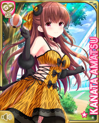 Rule 34 | 1girl, amatsu kanata, black bow, black gloves, black leggings, bow, brown hair, card, character name, closed mouth, cosplay, day, dress, fake horns, girlfriend (kari), gloves, hair bow, horns, leggings, long hair, official art, oni, oni horns, orange bow, orange dress, outdoors, qp:flapper, red eyes, smile, solo, standing, tagme