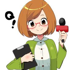 1girl brown_hair detesu glasses microphone nikki_(swapnote) nintendo smile solo swapnote