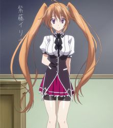 Rule 34 | 10s, 1girl, high school dxd, highres, long hair, purple eyes, school uniform, screencap, shidou irina, smile, solo, standing, stitched, third-party edit, twintails
