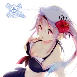 Rule 34 | 10s, 1girl, :o, adapted costume, bad id, bad pixiv id, beret, bikini, black bikini, blue hair, breasts, cleavage, copyright name, flower, gradient hair, hair flower, hair ornament, hand on own chest, harusame (kancolle), hat, hibiscus, kantai collection, looking at viewer, multicolored hair, navel, pink eyes, pink hair, shiki (kurotoshiki), side ponytail, simple background, solo, swimsuit, white background