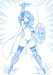 Rule 34 | 1girl, ;d, arm up, armor, armored boots, bikini armor, blue theme, blush, boots, breasts, cape, cosplay, diadem, elbow gloves, elizabeth bathory (brave) (fate), elizabeth bathory (brave) (fate) (cosplay), elizabeth bathory (fate), emphasis lines, fate/grand order, fate (series), full body, gloves, gluteal fold, hair ribbon, haruhisky, highres, holding, holding shield, holding sword, holding weapon, looking at viewer, medium breasts, monochrome, navel, nipple slip, nipples, one eye closed, open mouth, pauldrons, ribbon, shield, short hair, shoulder armor, simple background, smile, solo, standing, stomach, suzumiya haruhi, suzumiya haruhi no yuuutsu, sword, thigh boots, thighhighs, thighhighs under boots, v-shaped eyebrows, weapon, white background