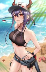Rule 34 | 1girl, arknights, bare arms, bare shoulders, baseball cap, beach, belt, bikini, black bikini, blue sky, blush, breasts, ch&#039;en (arknights), ch'en (arknights), cloud, commentary, cowboy shot, crab, day, dragon horns, dragon tail, expulse, female tourist c (arknights), grey shorts, hair between eyes, halterneck, hand on own hip, hat, heart, highres, horns, horns through headwear, long hair, looking at viewer, medium breasts, nail polish, navel, ocean, official alternate costume, outdoors, parted lips, pink lips, pink nails, pouch, purple hair, red eyes, sand castle, sand sculpture, short shorts, shorts, sidelocks, sky, smile, solo, standing, stomach, swimsuit, tail, thighs, watch, water, wristwatch