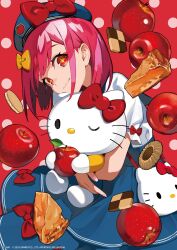 Rule 34 | + +, :3, apple, bag, blue dress, blue headwear, bow, cookie, dress, food, fruit, handbag, hello kitty, highres, holding, holding food, holding fruit, lam (ramdayo), original, pink nails, red background, red bow, red eyes, red hair, sanrio, shirt, short hair, smile, tagme, white shirt