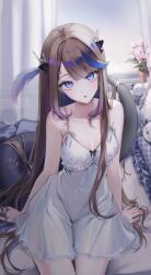 Rule 34 | 1girl, absurdres, airi kanna, antlers, bbony 0 0, bed, black hair, blue eyes, blue hair, blush, breasts, cleavage, curtains, flower, flower pot, highres, horns, long hair, looking at viewer, medium breasts, multicolored hair, nightgown, parted lips, pillow, pink flower, purple hair, sitting, solo, stellive, stuffed animal, stuffed toy, virtual youtuber, white nightgown, window
