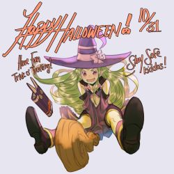 Rule 34 | 1girl, ahoge, blush, boots, broom, cape, circlet, english text, fire emblem, fire emblem awakening, fire emblem heroes, gloves, green hair, halloween, hat, krazehkai, long hair, looking at viewer, nintendo, nowi (fire emblem), open mouth, pointy ears, purple eyes, smile, solo, white background, witch, witch hat