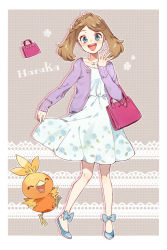 Rule 34 | 1girl, :d, alternate costume, bag, blue bow, blue eyes, blue footwear, blush, bow, braid, brown hair, buttons, cardigan, character name, collarbone, commentary request, creatures (company), dress, eyelashes, flats, floral print, game freak, gen 3 pokemon, hand up, handbag, jewelry, may (pokemon), necklace, nintendo, open mouth, pink bag, pokemon, pokemon (anime), pokemon (creature), pokemon rse (anime), purple cardigan, sasairebun, smile, teeth, tongue, torchic