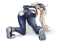 Rule 34 | 1girl, ahoge, all fours, ass, ass grab, azur lane, between buttocks, blonde hair, bluecher (azur lane), bluecher (high-altitude head over heels) (azur lane), bodysuit, breasts, cameltoe, closed mouth, commentary request, fake tail, fang, from behind, full body, goggles, goggles on head, hand on own ass, highres, long hair, looking at viewer, matsunaga maguro, presenting, rabbit tail, red eyes, shoes, sideboob, simple background, skin fang, smile, sneakers, solo, tail, twintails, white background