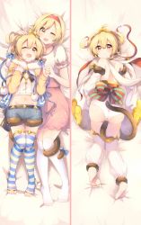 Rule 34 | 10s, 2girls, ;d, andira (granblue fantasy), animal ears, ass, bad id, bad pixiv id, bare shoulders, barefoot, bed, blonde hair, blush, breasts, brown eyes, dakimakura (medium), detached sleeves, djeeta (granblue fantasy), dress, erune, feet, from above, from behind, fur trim, granblue fantasy, hairband, hand on another&#039;s head, highres, kaenuco, looking at viewer, looking back, looking up, lying, midriff, monkey ears, monkey tail, multiple girls, navel, no shoes, on back, on stomach, one eye closed, open mouth, pink dress, puffy short sleeves, puffy sleeves, short hair, short sleeves, shorts, small breasts, smile, soles, striped clothes, striped legwear, striped thighhighs, tail, tail wrap, thighhighs, thighs, toeless legwear, toes