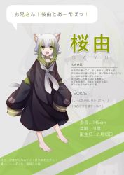 Rule 34 | 1girl, :d, absurdres, animal ear fluff, animal ears, barefoot, cat ears, cat tail, character profile, dress, fang, full body, green eyes, grey hair, highres, kitsunemiyoru, long sleeves, multicolored hair, necktie, open mouth, original, puffy long sleeves, puffy sleeves, sailor dress, short hair, skin fang, sleeves past fingers, sleeves past wrists, smile, tail, translation request, two-tone hair, white hair