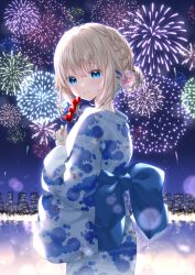 Rule 34 | 1girl, aerial fireworks, back bow, blonde hair, blue bow, blue eyes, blue hair, blue nails, bow, braid, closed mouth, commentary request, fireworks, floral print, flower, food, fruit, hair between eyes, hair bun, hair flower, hair ornament, holding, holding food, indie virtual youtuber, japanese clothes, kimono, long sleeves, looking at viewer, looking to the side, multicolored hair, nail polish, night, night sky, outdoors, pink flower, print kimono, signature, sky, skyline, smile, solo, strawberry, streaked hair, uchuuneko, uchuuneko (vtuber), virtual youtuber, water, wide sleeves, yukata