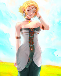 Rule 34 | 1girl, adjusting hair, arm strap, artist name, bare shoulders, blonde hair, blue sky, braid, breasts, circlet, commentary, crown braid, dress, earrings, grasslands, green eyes, highres, jewelry, lips, looking at viewer, mcdobo, medium breasts, nintendo, official alternate costume, outdoors, parted bangs, parted lips, pendant, pointy ears, princess zelda, short hair, sky, smile, solo, strapless, strapless dress, the legend of zelda, the legend of zelda: tears of the kingdom, white dress