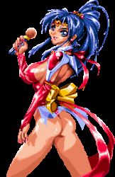 Rule 34 | 1990s (style), 1girl, ass, blue hair, breasts, choujin gakuen gowcaizer, covered erect nipples, female focus, game, hishizaki shaia (gowcaizer), idol, large breasts, leotard, long hair, looking back, lowres, microphone, nail polish, pixel art, ponytail, retro artstyle, shoulder pads, sideboob, simple background, solo, technos
