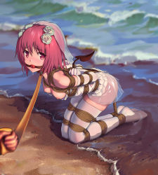 Rule 34 | 1girl, arms behind back, ball gag, bdsm, beach, blurry, blush, bodice, bondage, bound, breasts, breasts out, bridal veil, demon tail, depth of field, drooling, elbow gloves, gag, gagged, gloves, highres, himitsu (hi mi tsu 2), kneeling, leash, looking at viewer, medium breasts, miniskirt, momo velia deviluke, nipples, no shoes, on ground, outdoors, pink eyes, pink hair, pov, rope, saliva, sand, see-through, shibari, shibari over clothes, short hair, skirt, solo focus, tail, thighhighs, to love-ru, veil, viewer holding leash, water, white thighhighs, wiffle gag