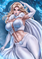 Rule 34 | 1girl, abs, armpits, blonde hair, blue eyes, blue lips, breasts, cape, collared cape, dandon fuga, earrings, emma frost, gloves, highres, ice, jewelry, large breasts, light smile, long hair, looking at viewer, marvel, navel, pants, solo, white cape, white gloves, white pants, x-men