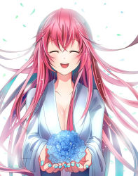 Rule 34 | 1girl, ^ ^, ^o^, bad id, bad pixiv id, blackmoon (ypps6166), blue nails, blush, breasts, cleavage, closed eyes, closed eyes, facing viewer, fingernails, floating hair, flower, holding, holding flower, long hair, megurine luka, nail polish, petals, pink hair, smile, solo, very long hair, vocaloid, white background
