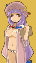 Rule 34 | 1girl, book, breasts, female focus, hair ornament, hat, long hair, mota, navel, no bra, open clothes, panties, patchouli knowledge, purple eyes, purple hair, ribbon, robe, simple background, solo, striped clothes, striped panties, touhou, underwear