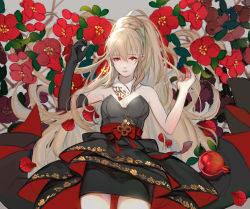 Rule 34 | 1girl, :|, bad id, bad pixiv id, bare shoulders, black dress, black gloves, blonde hair, closed mouth, collar, detached collar, dino (trexsilence), dress, elbow gloves, floral print, flower, gloves, gold trim, grey background, hand up, long hair, looking at viewer, petals, pointy ears, red eyes, red flower, seven knights, single glove, solo, very long hair, white collar