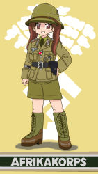 Rule 34 | 1girl, afrika korps, belt, belt buckle, boots, brown eyes, brown hair, buckle, cross, cross-laced footwear, epaulettes, girls und panzer, hand on own hip, helmet, highres, iron cross, kadotani anzu, lace-up boots, looking at viewer, military, military uniform, nazi, necktie, non-web source, palm tree, pith helmet, shorts, smile, swastika, tree, twintails, uniform, wehrmacht, yasu (luchs&amp;mardar), yellow background