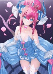 Rule 34 | 1girl, blue dress, blue eyes, breasts, choker, closed mouth, dress, elizabeth bathory (cinderella rider) (fate), elizabeth bathory (fate), fate/grand order, fate (series), flower, highres, horns, looking at viewer, medium hair, pink flower, pink hair, pointy ears, showgirl skirt, sidelocks, small breasts, solo, suzuho hotaru, thighhighs, twitter username, white thighhighs