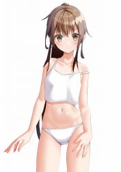 Rule 34 | 1girl, amano miyako, arms at sides, bare shoulders, breasts, brown eyes, brown hair, collarbone, crop top, fumizuki (kancolle), kantai collection, long hair, looking at viewer, medium breasts, midriff, navel, no pants, panties, ponytail, small breasts, smile, solo, stomach, thighs, underwear, underwear only, white panties