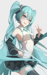 Rule 34 | 1girl, :d, black skirt, black sleeves, black thighhighs, blue eyes, blue hair, blue nails, blue necktie, blush, breasts, collared shirt, cowboy shot, detached sleeves, frilled shirt, frills, from side, hair between eyes, hand up, hatsune miku, headset, highres, kawasuru (15miclon), long hair, long sleeves, medium breasts, microphone, miniskirt, nail polish, necktie, open mouth, pleated skirt, shirt, sidelocks, simple background, skirt, sleeveless, sleeveless shirt, smile, solo, thighhighs, twintails, upper body, v, v-shaped eyebrows, very long hair, vocaloid, white background, white shirt, zettai ryouiki