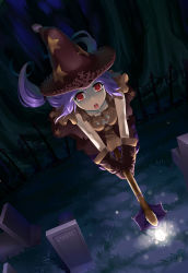 Rule 34 | 1girl, :o, absurdres, bad id, bad pixiv id, broom, broom riding, fs-project, gloves, graveyard, hat, highres, open mouth, original, purple hair, red eyes, solo, witch, witch hat